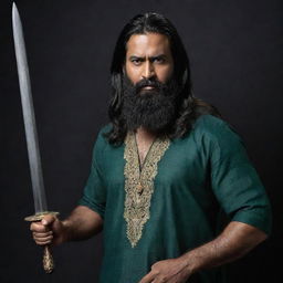 A towering, menacing, and muscular middle-aged Indian man with long black hair and a thick beard, wearing a low-necked dark green kurta against a dark backdrop. He's brandishing a long sword with ominous gold engravings