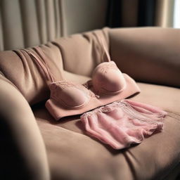 A picture of a female bra and panties set placed on a sofa at night