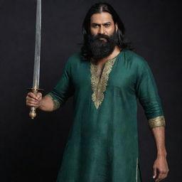 A towering, menacing, and muscular middle-aged Indian man with long black hair and a thick beard, wearing a low-necked dark green kurta against a dark backdrop. He's brandishing a long sword with ominous gold engravings