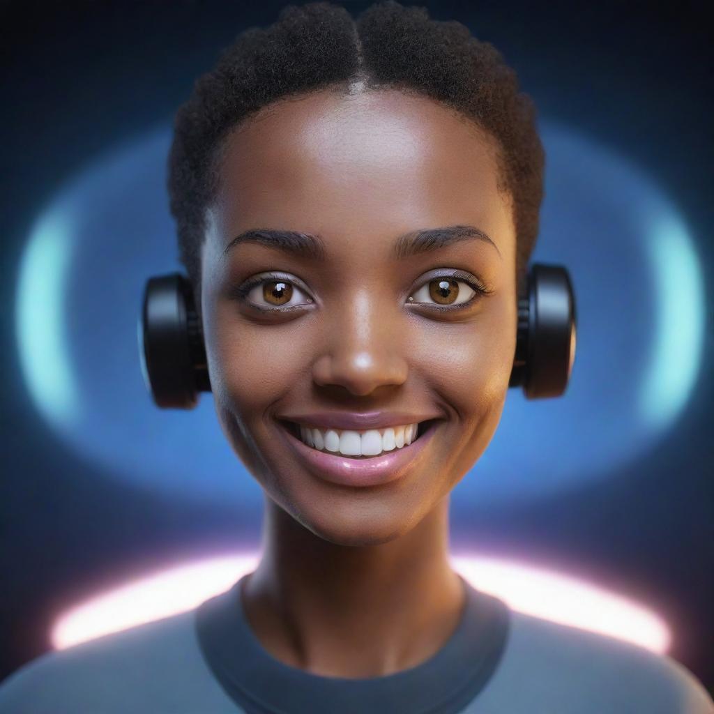 A friendly AI avatar with a broad smile, glowing eyes, and a calming aura.