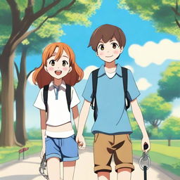 A 14-year-old girl holding a leash attached to a 14-year-old boy