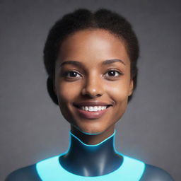 A friendly AI avatar with a broad smile, glowing eyes, and a calming aura.