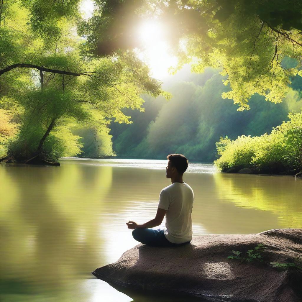 A serene scene of a person meditating by a tranquil river, surrounded by lush greenery and gentle sunlight filtering through the trees