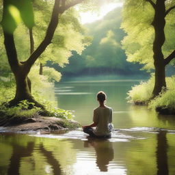 A serene scene of a person meditating by a tranquil river, surrounded by lush greenery and gentle sunlight filtering through the trees