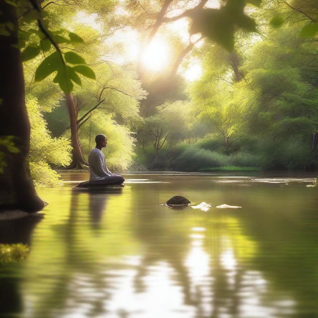 A serene scene of a person meditating by a tranquil river, surrounded by lush greenery and gentle sunlight filtering through the trees