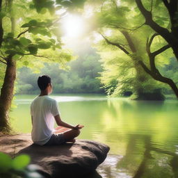 A serene scene of a person meditating by a tranquil river, surrounded by lush greenery and gentle sunlight filtering through the trees