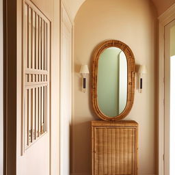 A classic, small entrance hall with modern influence, featuring a rattan closet. The color scheme boasts shades of beige and pistachio, and is completed by a tastefully positioned mirror.