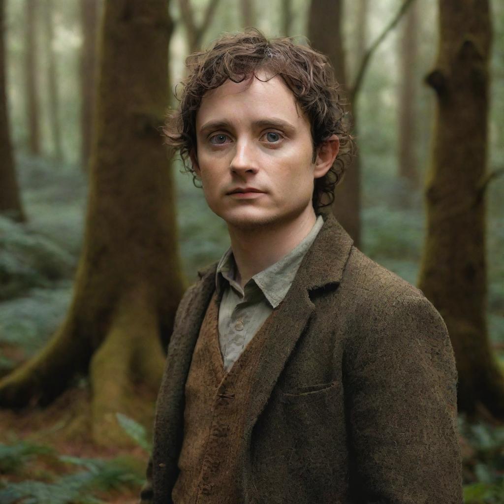 A lifelike portrait of the actor Elijah Wood, best known for his role as Frodo in Lord of the Rings, standing in an enchanting forest reminiscent of Middle-Earth.