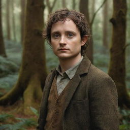 A lifelike portrait of the actor Elijah Wood, best known for his role as Frodo in Lord of the Rings, standing in an enchanting forest reminiscent of Middle-Earth.