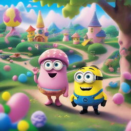 A vibrant and magical scene titled 'The Enchanted Illusion: Harper and Kirby's Journey from Minion Land to Reality'