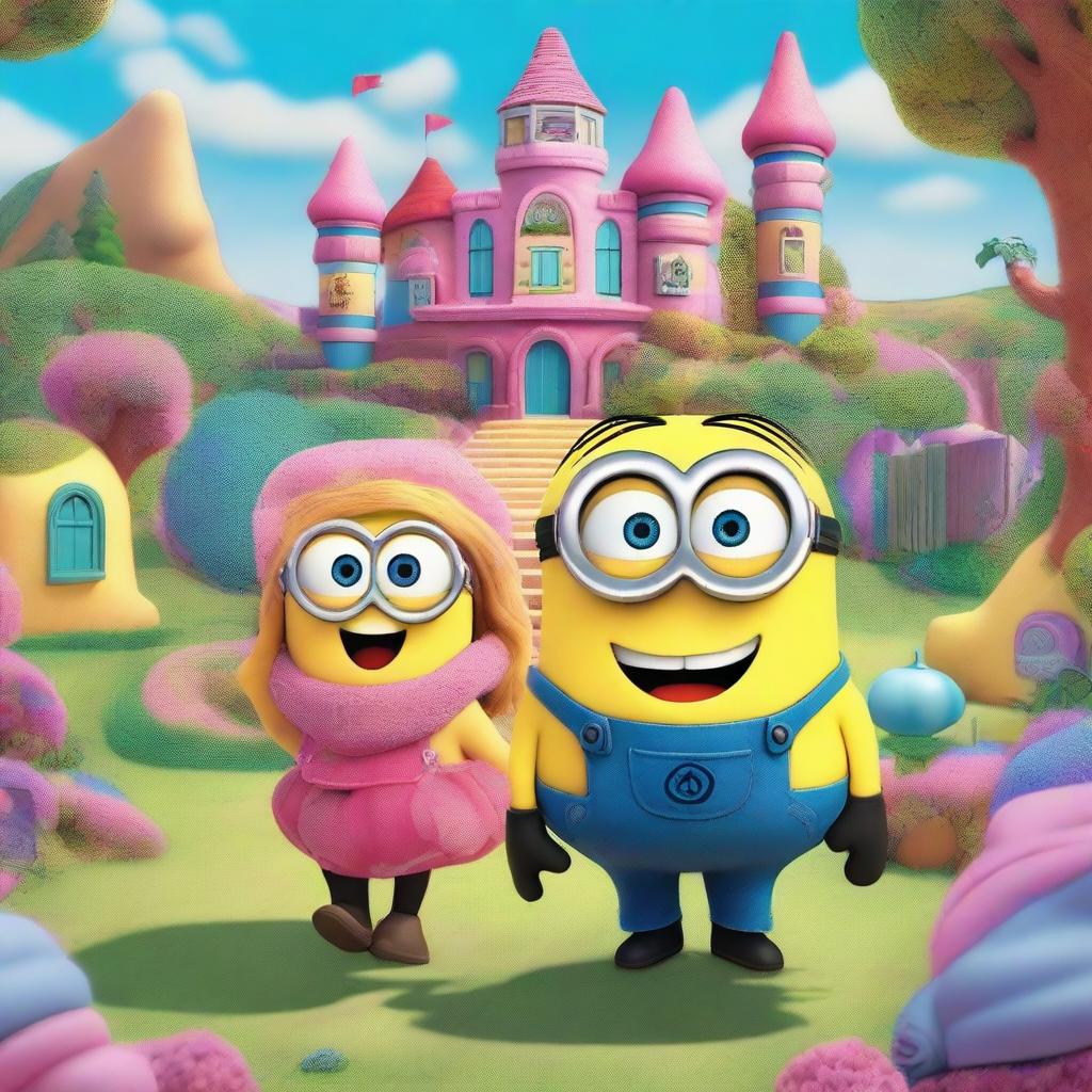 A vibrant and magical scene titled 'The Enchanted Illusion: Harper and Kirby's Journey from Minion Land to Reality'