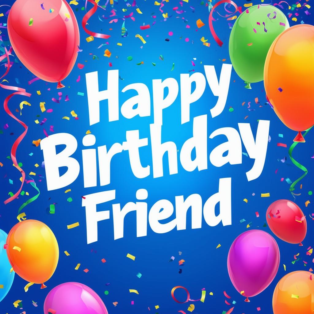 A beautiful book cover titled 'Happy Birthday Friend' with bursts of vibrant colors, confetti, balloons, and streamers in 32k HD resolution, conveying joy and celebration