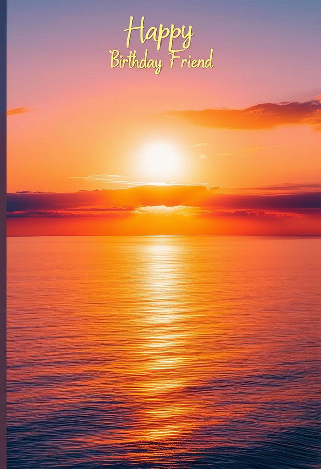 A beautiful book cover titled 'Happy Birthday Friend' with a stunning sunset horizon photograph in 32k HD resolution, featuring warm colors and elegant typography, conveying a peaceful and celebratory atmosphere