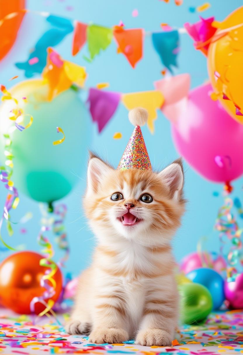 A beautiful book cover titled 'Happy Birthday Friend' featuring a happy kitten with festive elements like confetti, balloons, and streamers in 32k HD resolution, conveying a cheerful and heartwarming atmosphere