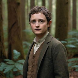 A lifelike portrait of the actor Elijah Wood, best known for his role as Frodo in Lord of the Rings, standing in an enchanting forest reminiscent of Middle-Earth.