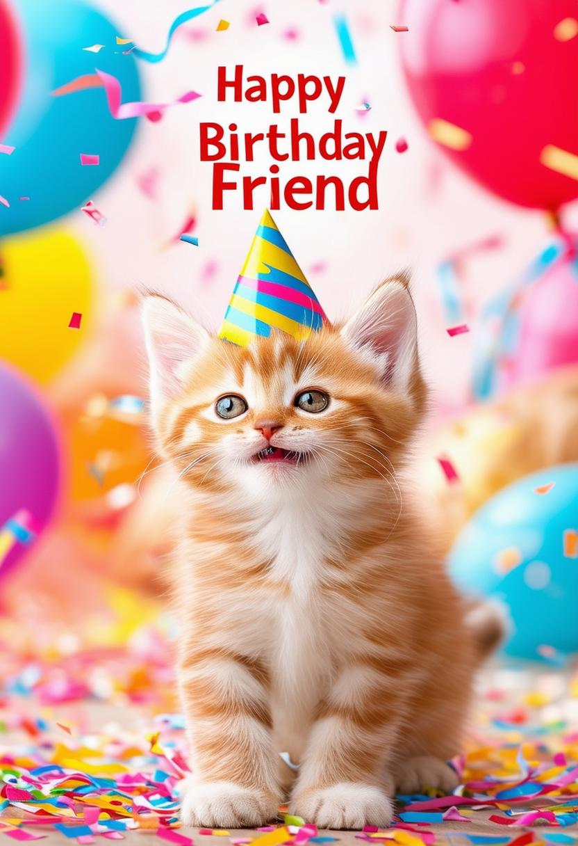 A beautiful book cover titled 'Happy Birthday Friend' featuring a happy kitten with a vibrant background and festive elements like confetti, balloons, and streamers in 32k HD resolution, conveying a cheerful and heartwarming atmosphere