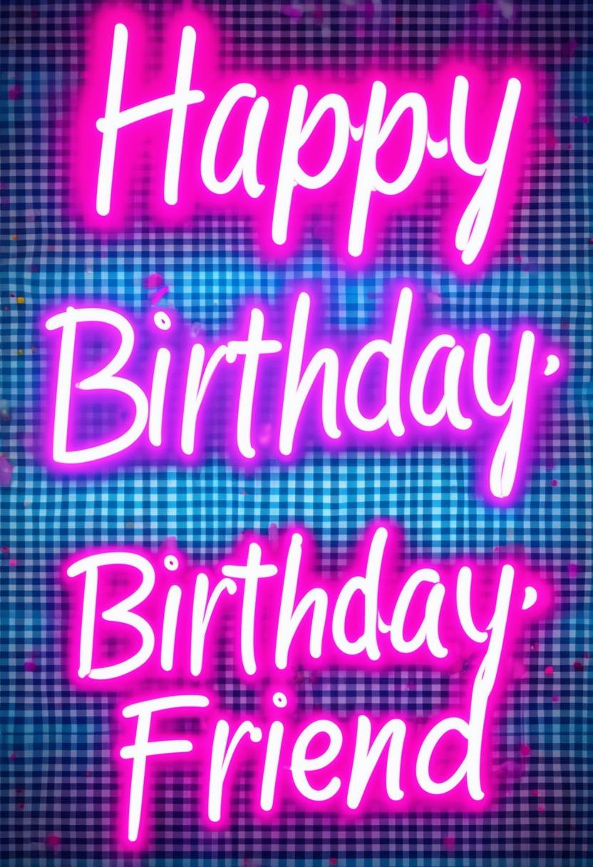 A beautiful book cover titled 'Happy Birthday Friend' featuring neon text and a gingham background in 32k HD resolution, with additional subtle birthday-related elements, conveying a cheerful and vibrant atmosphere