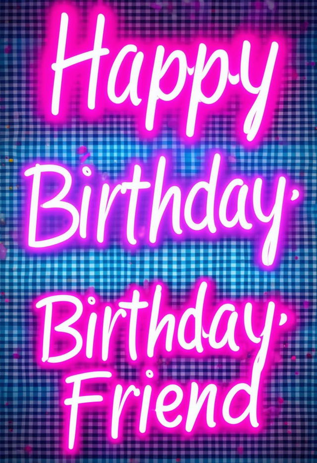 A beautiful book cover titled 'Happy Birthday Friend' featuring neon text and a gingham background in 32k HD resolution, with additional subtle birthday-related elements, conveying a cheerful and vibrant atmosphere