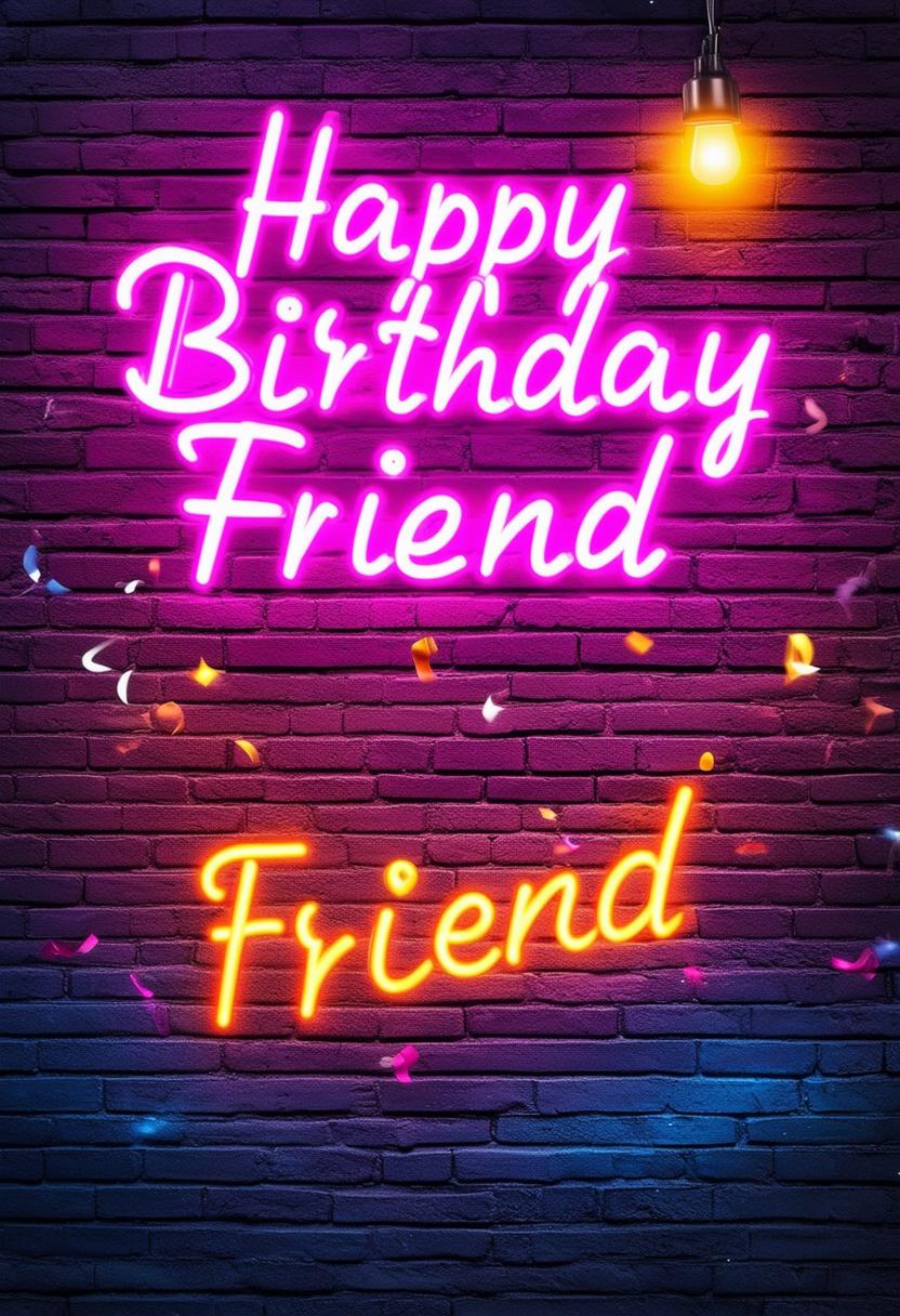 A beautiful book cover titled 'Happy Birthday Friend' featuring neon text and a brick wall background in 32k HD resolution, with additional subtle birthday-related elements, conveying a cheerful and vibrant atmosphere