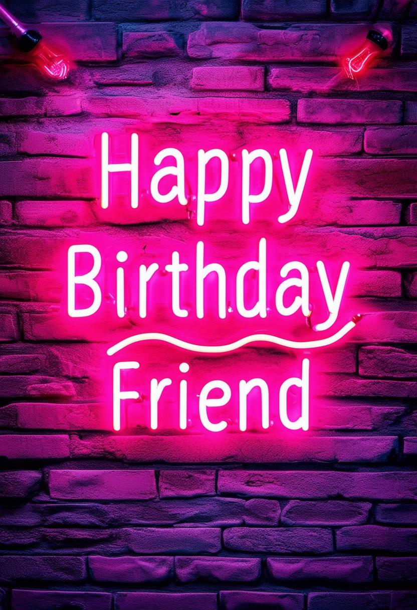 A beautiful book cover titled 'Happy Birthday Friend' featuring a neon sign and a brick wall background in 32k HD resolution, with additional subtle birthday-related elements, conveying a cheerful and vibrant atmosphere