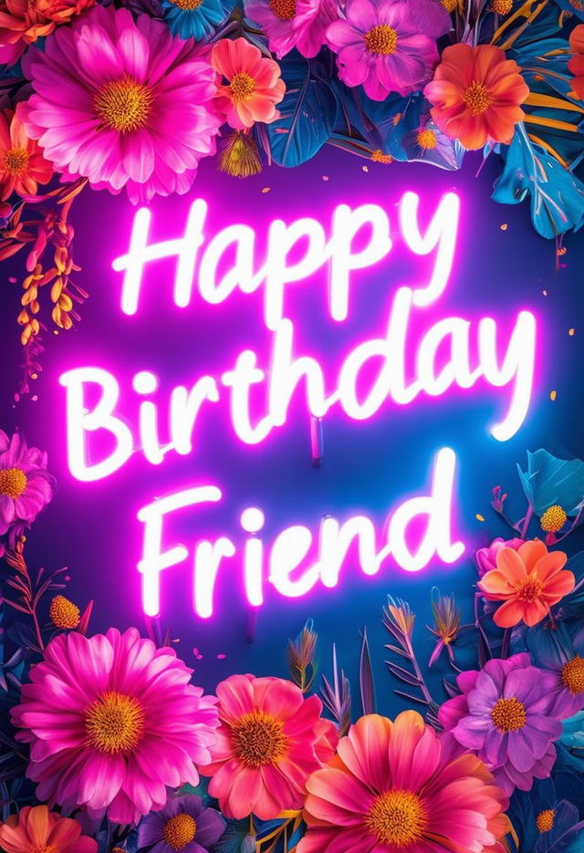 A beautiful book cover titled 'Happy Birthday Friend' featuring a neon sign style title text against a colorful floral background in 32k HD resolution, creating a striking and celebratory atmosphere