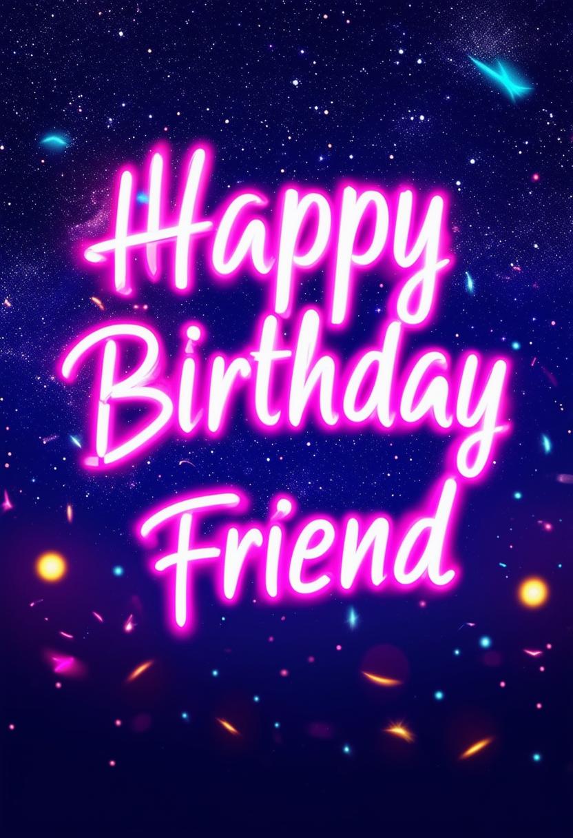 A beautiful book cover titled 'Happy Birthday Friend' featuring a neon sign style title text against a starry night sky background in 32k HD resolution, creating a striking and celebratory atmosphere