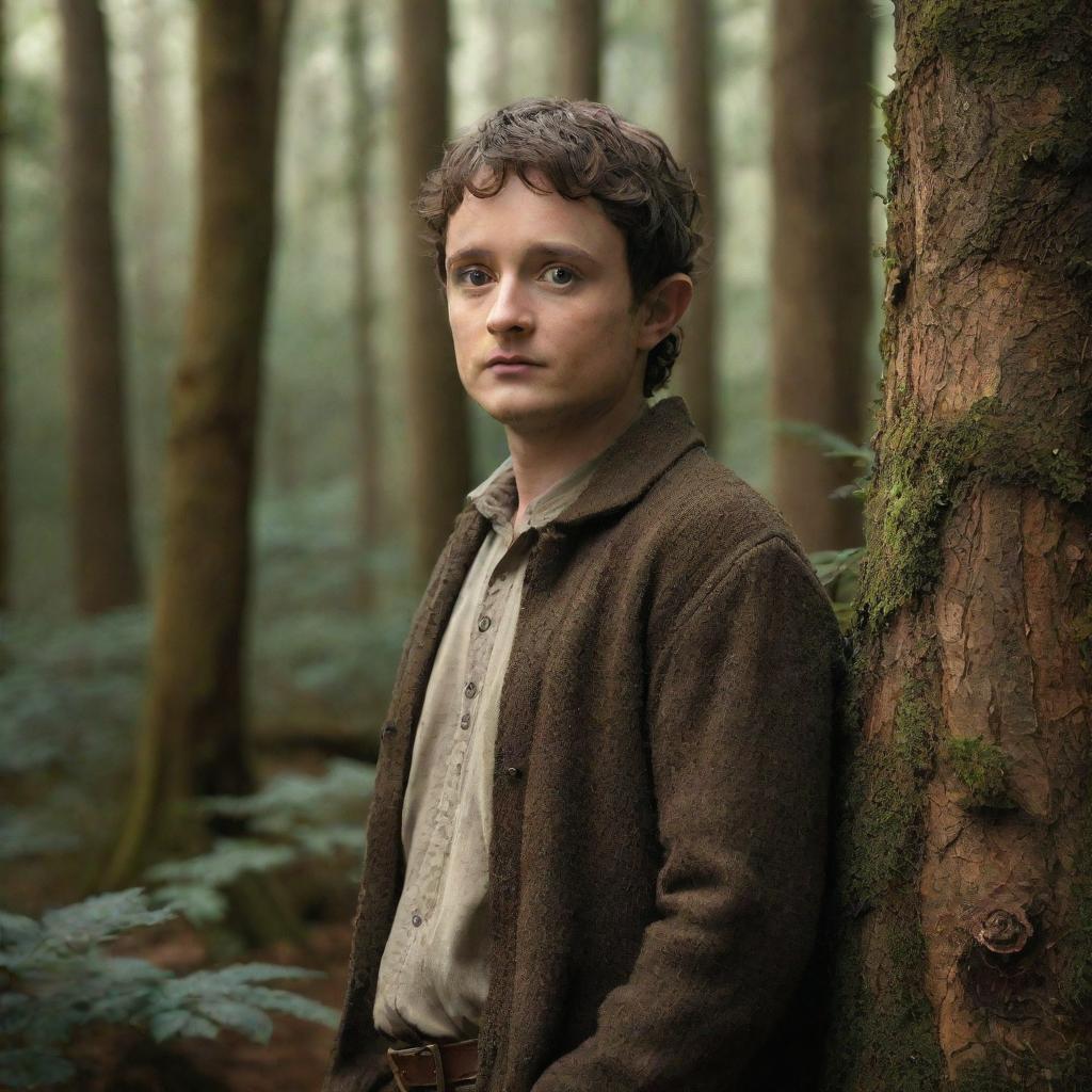 A lifelike portrait of the actor Elijah Wood, best known for his role as Frodo in Lord of the Rings, standing in an enchanting forest reminiscent of Middle-Earth.