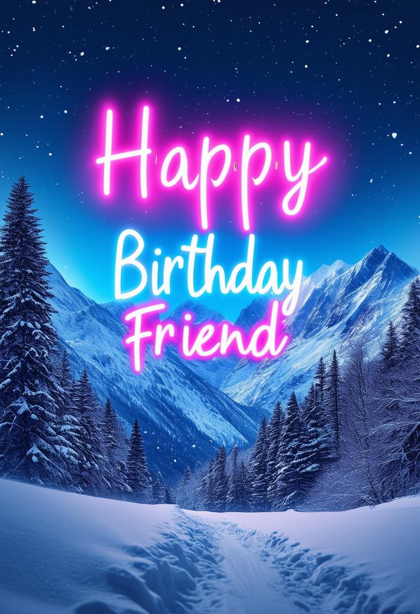 A beautiful book cover titled 'Happy Birthday Friend' featuring a neon sign style title text against a snowy mountain landscape background in 32k HD resolution, creating a striking and celebratory atmosphere