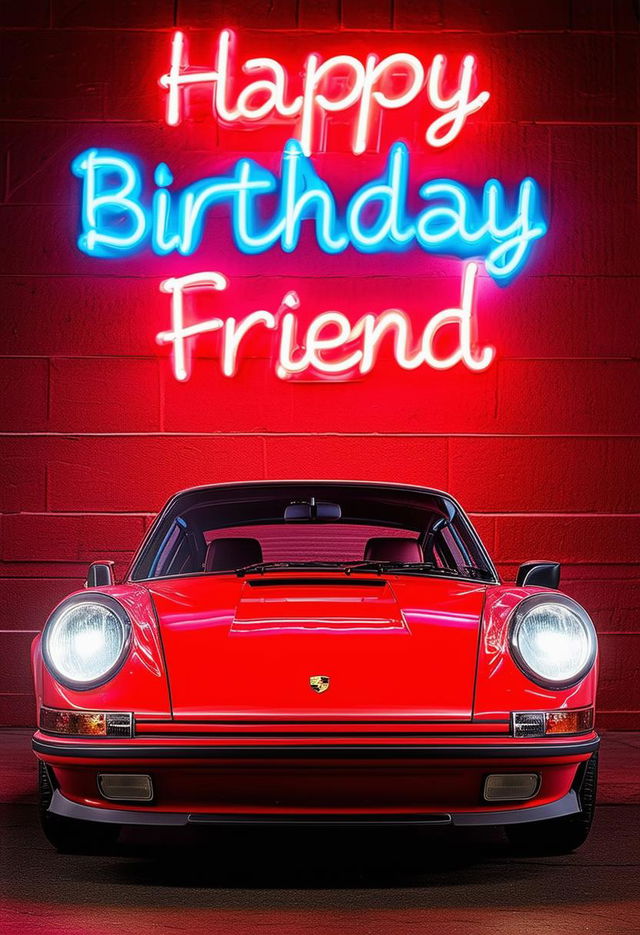 A beautiful book cover titled 'Happy Birthday Friend' featuring a neon sign style title text against a Porsche 911 background in 32k HD resolution, creating a striking and celebratory atmosphere