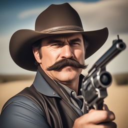 A profile picture of a rugged man with a fat moustache, wearing a classic cowboy hat, holding a revolver, with the outback in the background