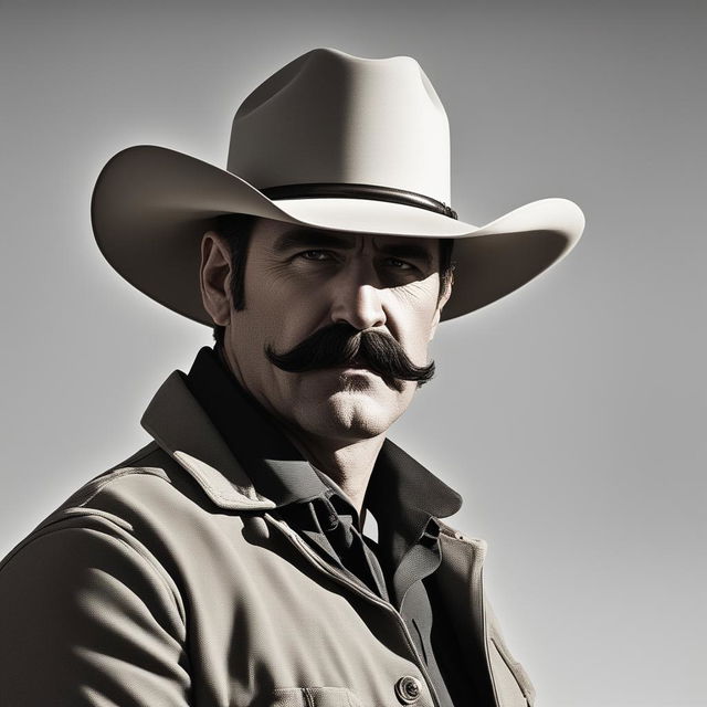 A profile picture of a rugged man with a fat moustache, wearing a classic cowboy hat, holding a revolver, with the outback in the background