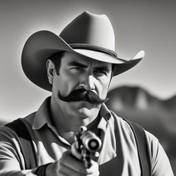 A profile picture of a rugged man with a fat moustache, wearing a classic cowboy hat, holding a revolver, with the outback in the background