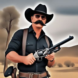 A profile picture of a rugged man with a fat moustache, wearing a classic cowboy hat, holding a revolver, with the outback in the background