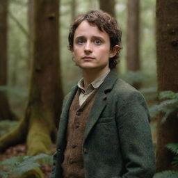 A lifelike portrait of the actor Elijah Wood, best known for his role as Frodo in Lord of the Rings, standing in an enchanting forest reminiscent of Middle-Earth.