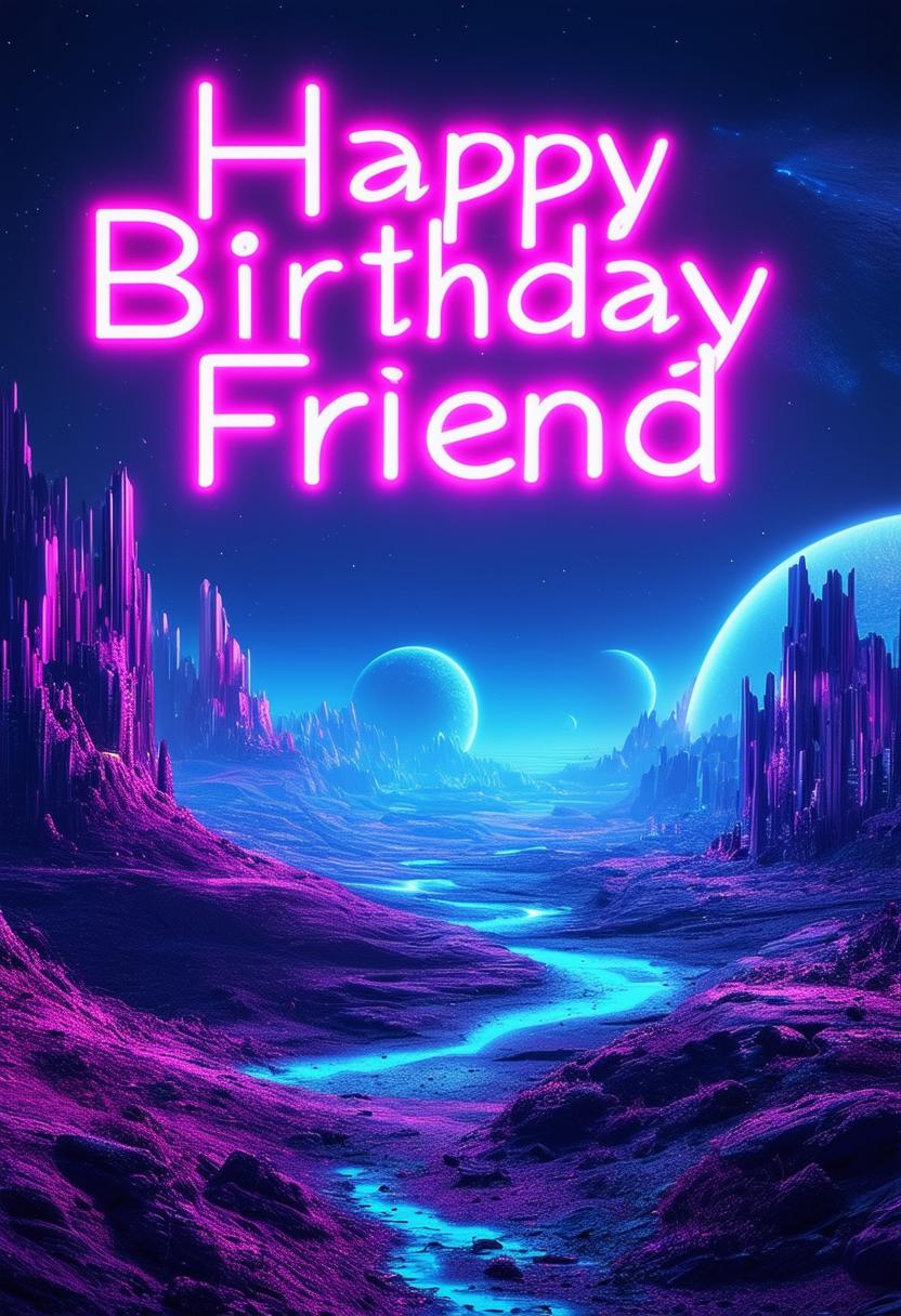 A beautiful book cover with 'Happy Birthday Friend' in neon sign style, featuring a retro sci-fi landscape with futuristic elements, rendered in 32k HD quality