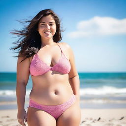 A curvy girl wearing a pink lace bikini, standing confidently