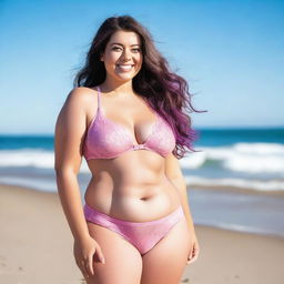 A curvy girl wearing a pink lace bikini, standing confidently