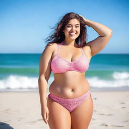 A curvy girl wearing a pink lace bikini, standing confidently