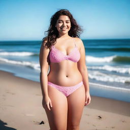 A curvy girl wearing a pink lace bikini, standing confidently