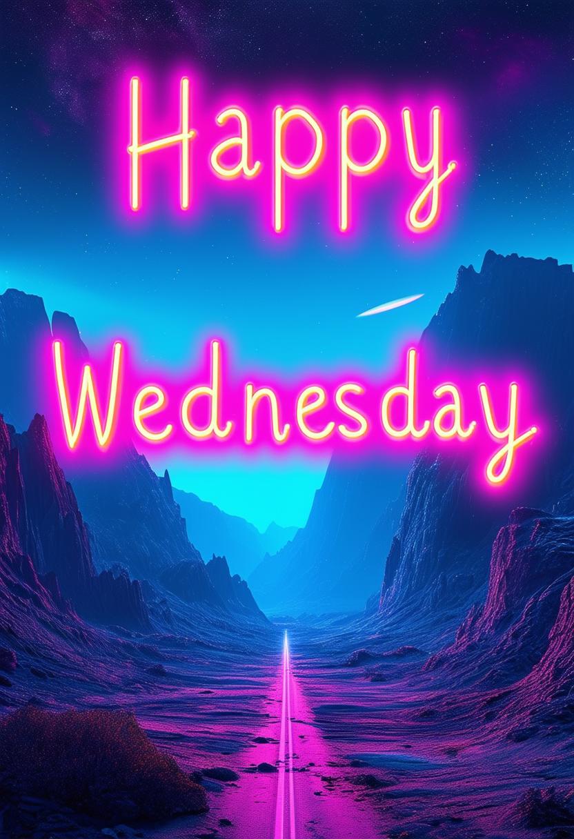 Create a 'Happy Wednesday' book cover with bold neon text and a retro sci-fi landscape in 32k HD, capturing a masterpiece of vibrant, futuristic elements