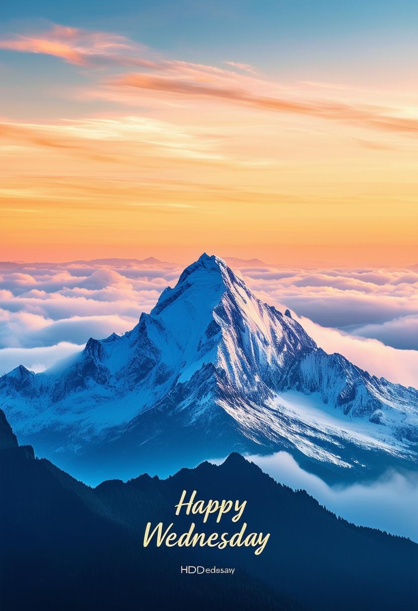 Design a 'Happy Wednesday' book cover with a beautiful mountain peak above the clouds background, rendered in 32k HD, capturing a masterpiece of natural beauty and tranquility