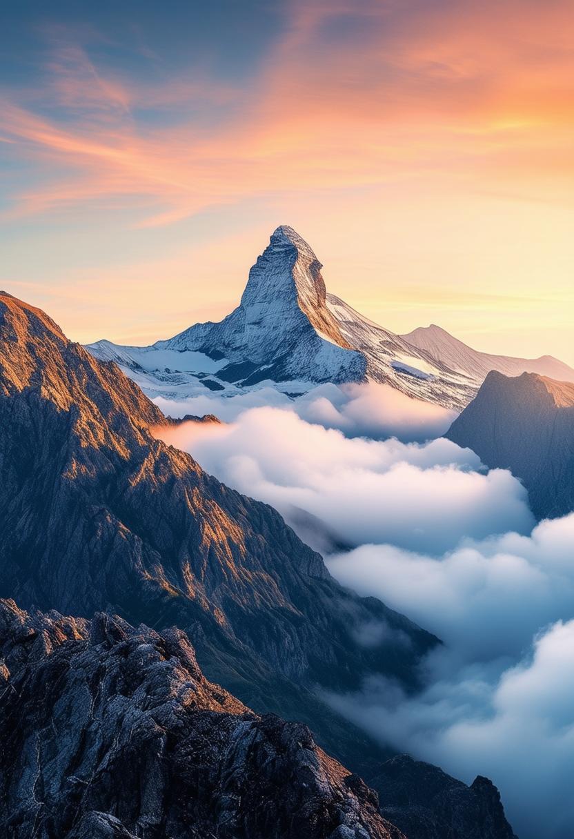 Design a 'Happy Wednesday' book cover featuring a beautiful mountain peak above the clouds background, rendered in 32k HD, capturing a masterpiece of natural beauty and tranquility