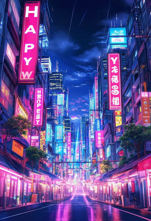 Design a 'Happy Wednesday' book cover featuring an anime-style neon Tokyo background, rendered in 32k HD, capturing a masterpiece of vibrant city life and energy