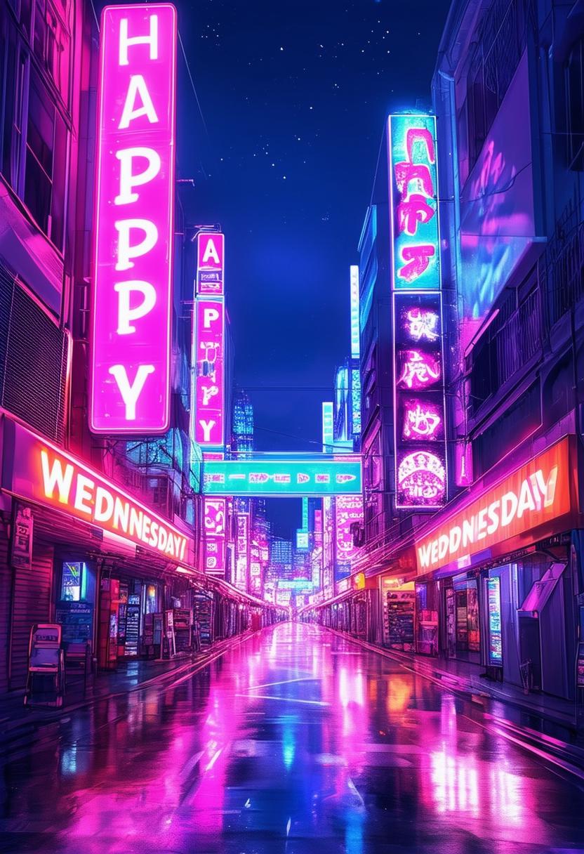 Design a 'Happy Wednesday' book cover featuring an anime-style neon Tokyo background with neon text, rendered in 32k HD, capturing a masterpiece of vibrant city life and energy