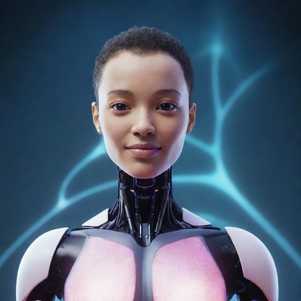 An AI avatar introducing itself against a digital backdrop, light pulsing from its heart as it exudes intelligence and friendliness.