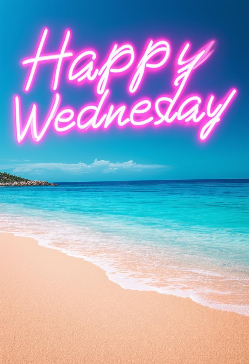 Design a 'Happy Wednesday' book cover featuring a serene sandy beach with neon text, rendered in 32k HD, capturing a masterpiece of natural beauty and tranquility