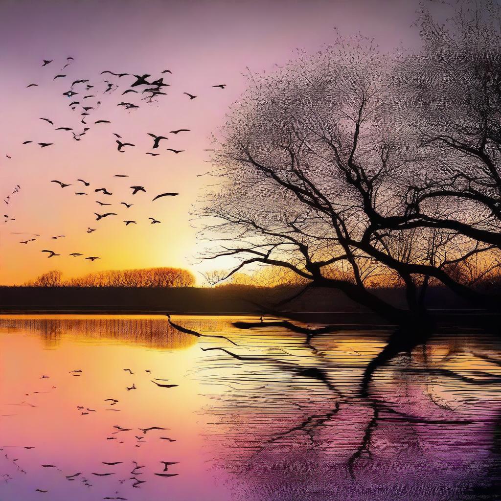 Create an image of a beautiful sunset with a silhouette of trees and birds