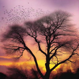 Create an image of a beautiful sunset with a silhouette of trees and birds