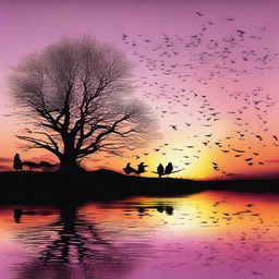 Create an image of a beautiful sunset with a silhouette of trees and birds