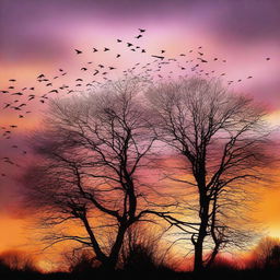 Create an image of a beautiful sunset with a silhouette of trees and birds